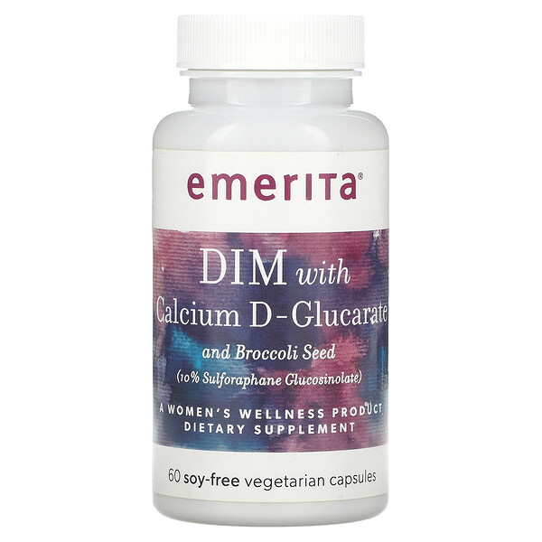 DIM с D-глюкаратом кальция и семенами брокколи, 60 вегетарианских капсул без сои Emerita