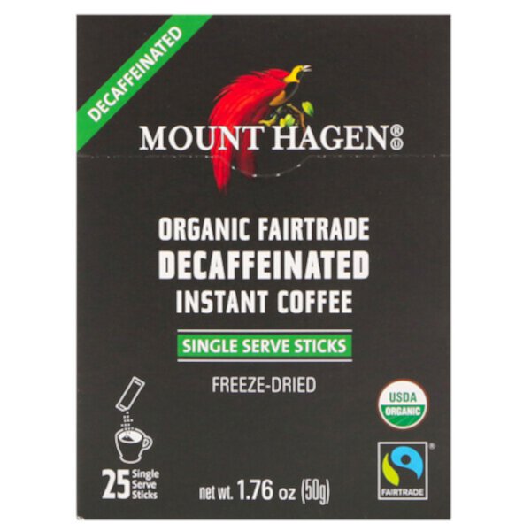Органический растворимый кофе Fairtrade, без кофеина, 25 пакетиков на одну порцию, 1,76 унции (50 г) Mount Hagen
