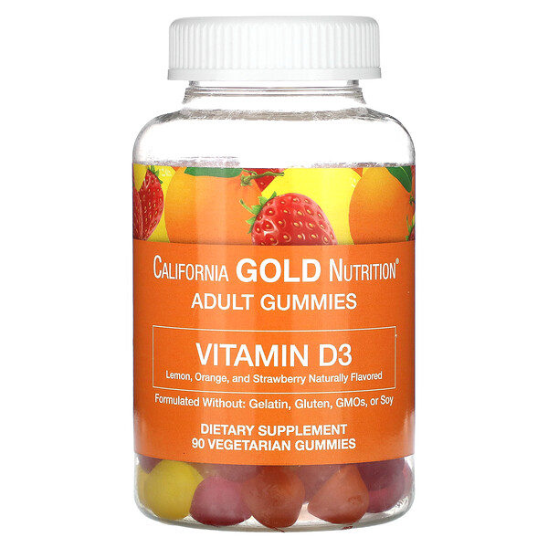 Жевательные конфеты с витамином D3, лимоном, апельсином и клубникой, 2000 МЕ, 90 жевательных конфет (1000 МЕ на жевательную конфету) California Gold Nutrition
