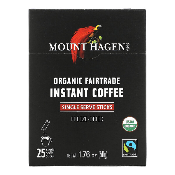 Органический растворимый кофе Fairtrade, 25 пакетиков на одну порцию, 1,76 унции (50 г) Mount Hagen