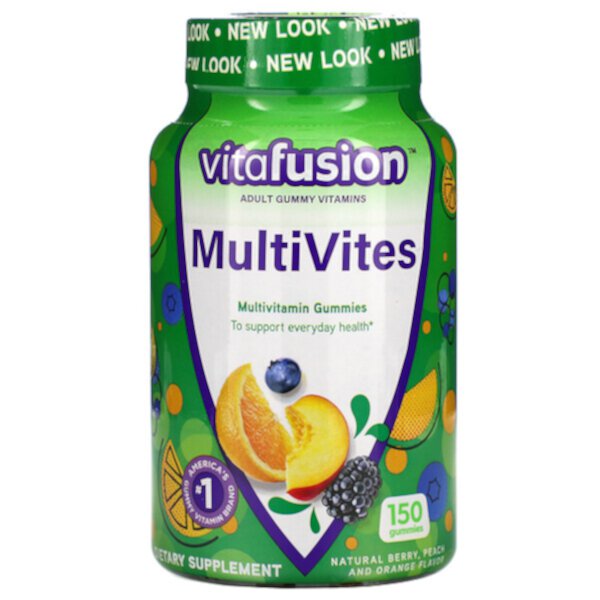 MultiVites, Мультивитаминные жевательные конфеты, натуральные ягоды, персик и апельсин, 150 жевательных конфет Vitafusion
