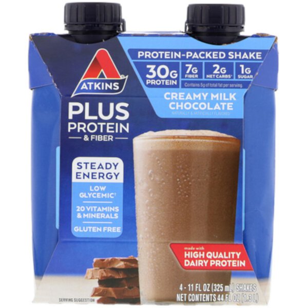 Plus Protein & Fiber, сливочный молочный шоколад, 4 коктейля, 11 жидких унций (325 мл) каждый Atkins