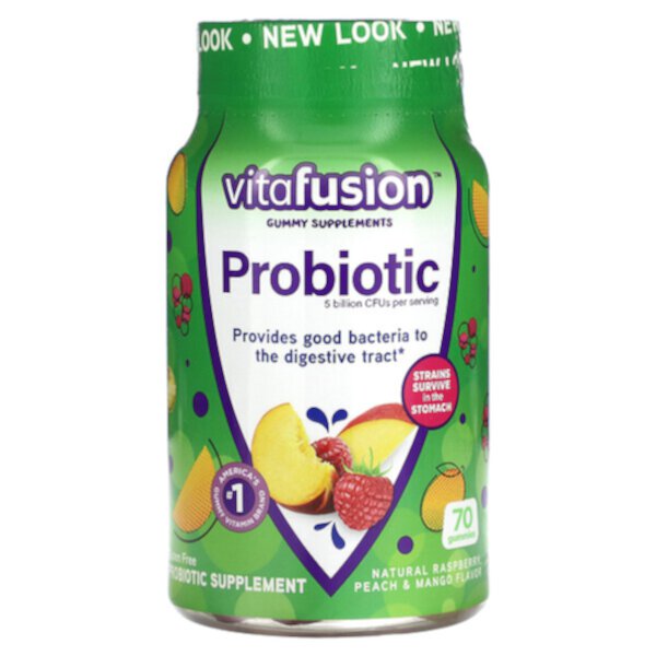 Пробиотик, натуральный вкус малины, персика и манго, 5 миллиардов КОЕ, 70 жевательных таблеток Vitafusion