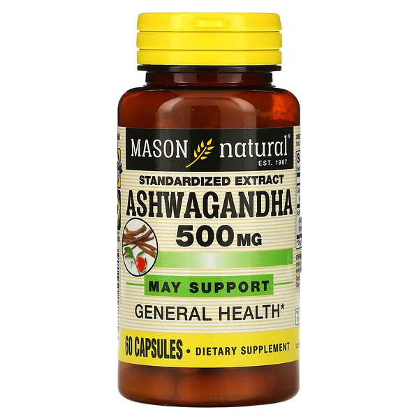 Ashwagandha, Стандартизированный экстракт, 500 мг, 60 капсул Mason Natural