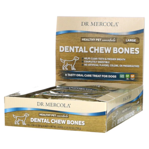 Dental Chew Bones, Большие, для собак, 12 костей, 2,08 унции (59 г) каждая Dr. Mercola