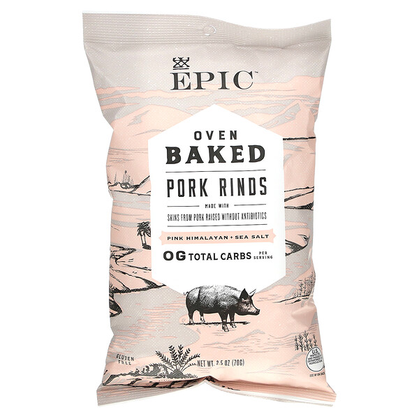 Oven Baked, Свиные шкварки, розовый гималайский + морская соль, 2,5 унции (70 г) Epic