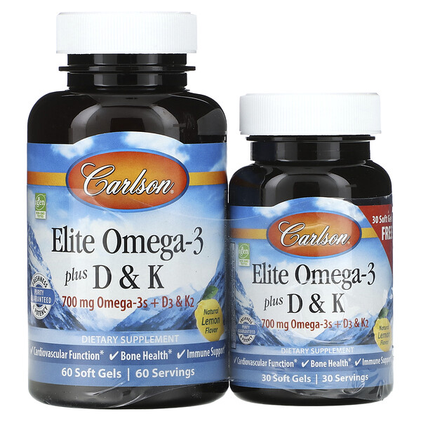 Elite Omega-3 Plus D&K, натуральный вкус лимона, 60 + 30 бесплатных мягких желатиновых капсул Carlson