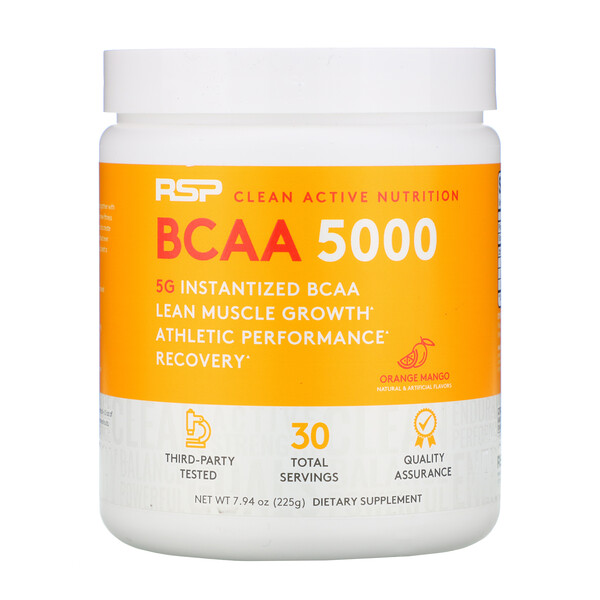 BCAA 5000, быстрорастворимые аминокислоты с разветвленной цепью, апельсин и манго, 5000 мг, 7,94 унции (225 г) RSP Nutrition