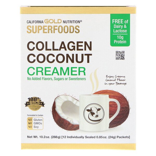 SUPERFOODS, Коллагеновые кокосовые сливки, без сахара, 12 пакетиков по 0,85 унции (24 г) каждый California Gold Nutrition