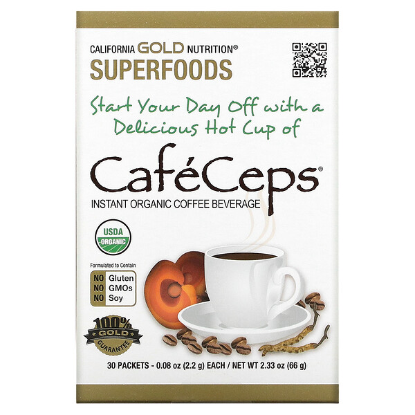 CafeCeps, органический растворимый кофе с экстрактом кордицепса и рейши, 30 пакетиков по 2,2 г California Gold Nutrition