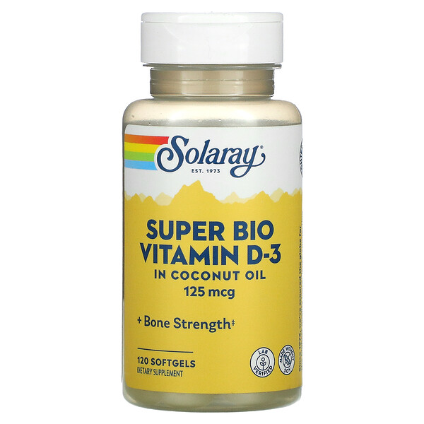 Super Bio Витамин D-3, 125 мкг, 120 мягких таблеток Solaray