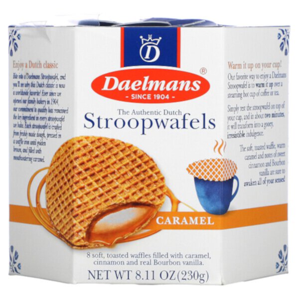 Stroopwafels, карамель, 8 вафель, 8,11 унции (230 г) Daelmans