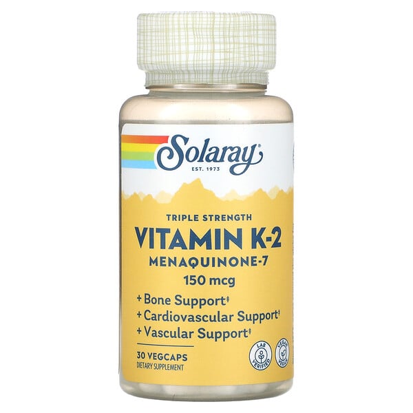 Витамин K-2 тройной силы, менахинон-7, 150 мкг, 30 растительных капсул Solaray