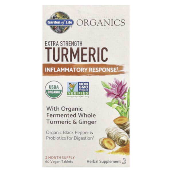 Organics, Extra Strength Turmeric, Inflammatory Response, 60 Vegan Tablets (Таблетки) Garden of Life