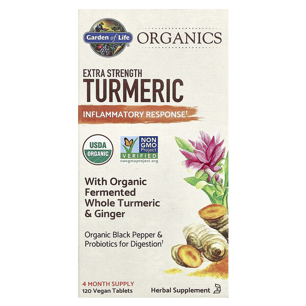 Organics, Extra Strength Turmeric, Inflammatory Response, 120 Vegan Tablets (Таблетки) Garden of Life