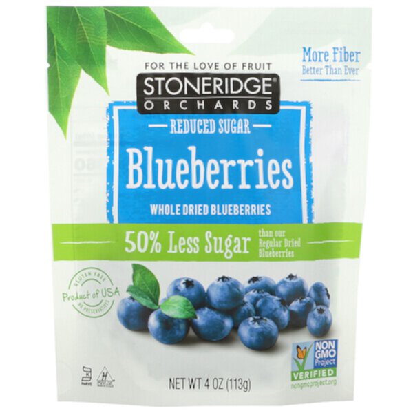 Blueberries, Цельная сушеная черника, с пониженным содержанием сахара, 4 унции (113 г) Stoneridge Orchards