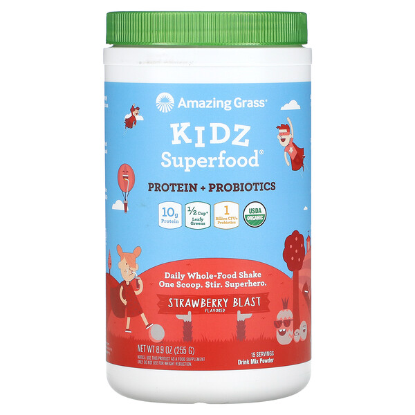 Kidz Superfood, Протеин + пробиотики, клубничный взрыв, 8,9 унций (255 г) Amazing Grass