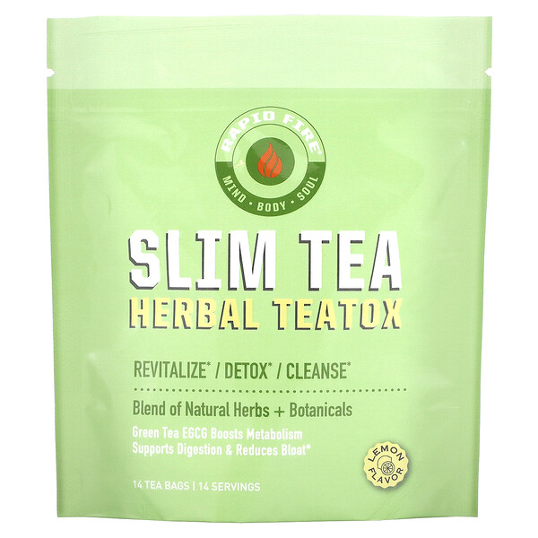 SlimTea, Herbal Teatox на 14 дней, чай матча, настоящий лимонный вкус, 14 чайных пакетиков RAPIDFIRE