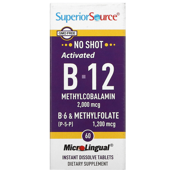 Активированный B-12 Метилкобаламин, В-6 (P-5-P) и Метилфолат - 2000 мкг + 1200 мкг - 60 микролингвальных таблеток для рассасывания - Superior Source Superior Source