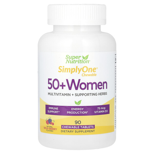 SimplyOne, 50+ для женщин, мультивитамины + поддерживающие травы, лесные ягоды, 90 жевательных таблеток Super Nutrition