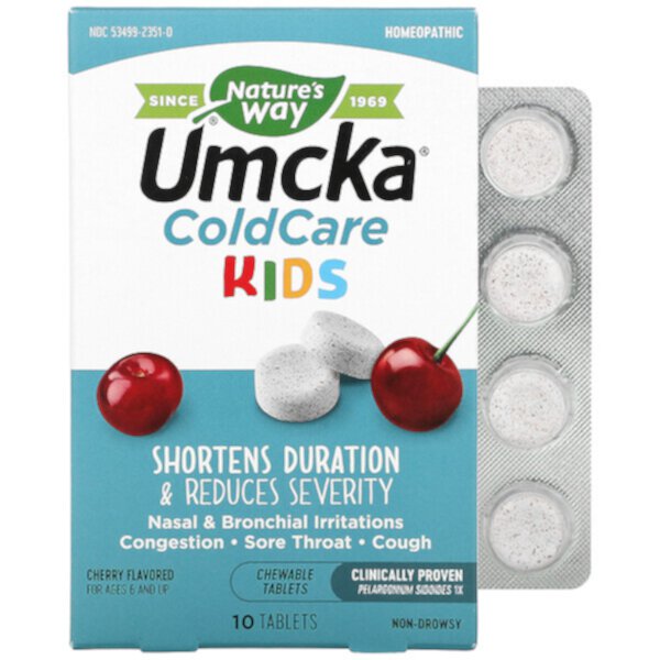 Umcka, ColdCare Kids, для детей от 6 лет, вишня, 10 жевательных таблеток Nature's Way