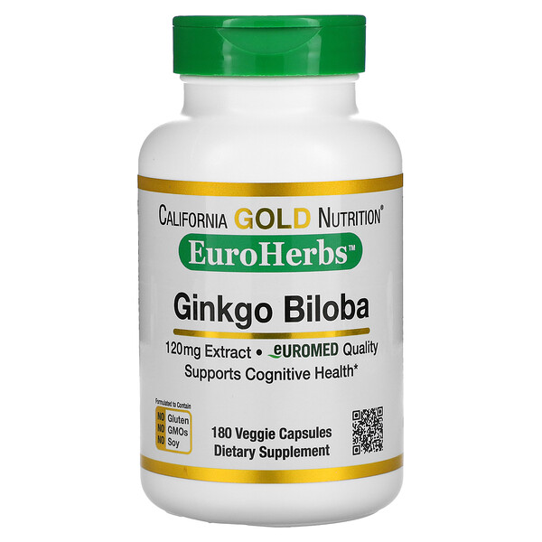 Экстракт гинкго двулопастного, EuroHerbs, европейское качество, 120 мг, 180 растительных капсул California Gold Nutrition