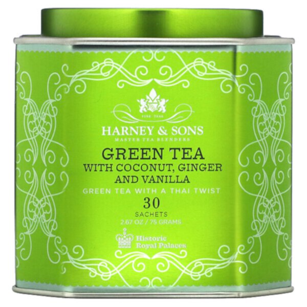 Зеленый чай с кокосом, имбирем и ванилью, 30 пакетиков, 2,67 унции (75 г) Harney & Sons