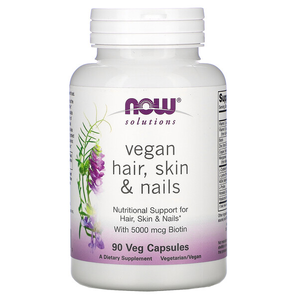 Solutions, Веганские волосы, кожа и ногти, 90 растительных капсул NOW Foods