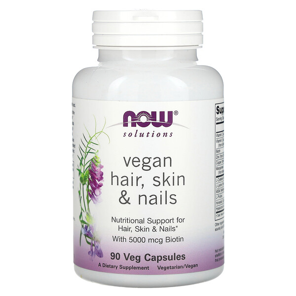 Solutions, Веганские волосы, кожа и ногти, 90 растительных капсул NOW Foods