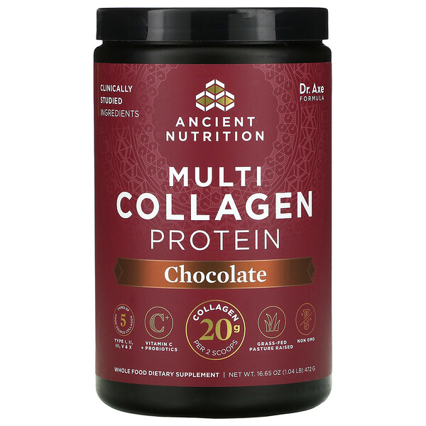 Мультиколлагеновый протеин, шоколад, 1,04 фунта (472 г) Dr. Axe / Ancient Nutrition