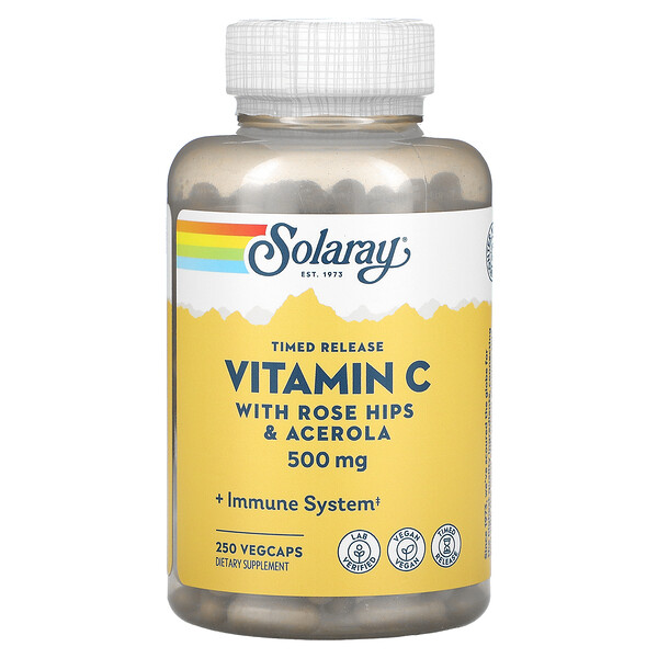 Витамин C замедленного высвобождения с шиповником и ацеролой, 500 мг, 250 растительных капсул Solaray