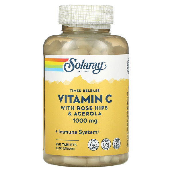 Витамин C замедленного высвобождения с шиповником и ацеролой, 1000 мг, 250 таблеток Solaray