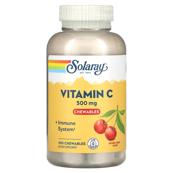 Жевательная таблетка с витамином С, натуральная вишня, 500 мг, 100 жевательных таблеток Solaray