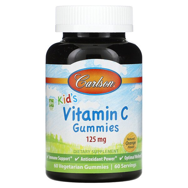 Детские жевательные конфеты с витамином С, натуральный апельсин, 125 мг, 60 вегетарианских жевательных таблеток Carlson