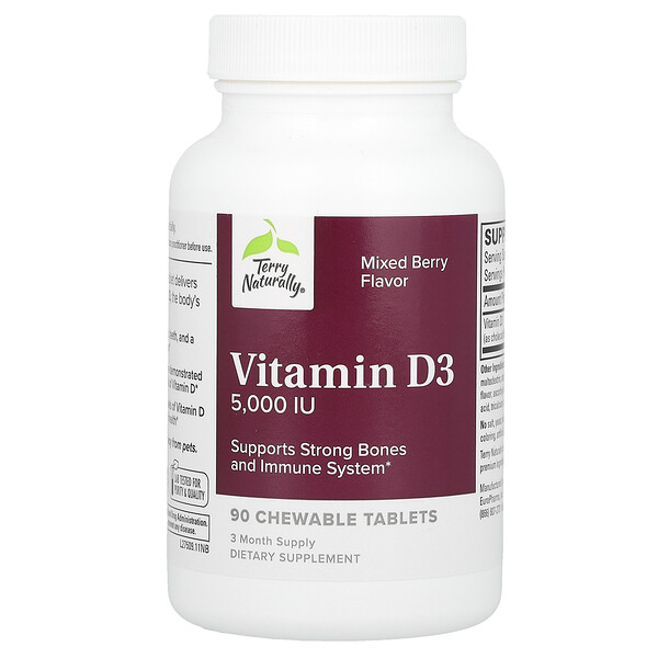 Витамин D3, Ягодная смесь, 5000 МЕ, 90 жевательных таблеток Terry Naturally