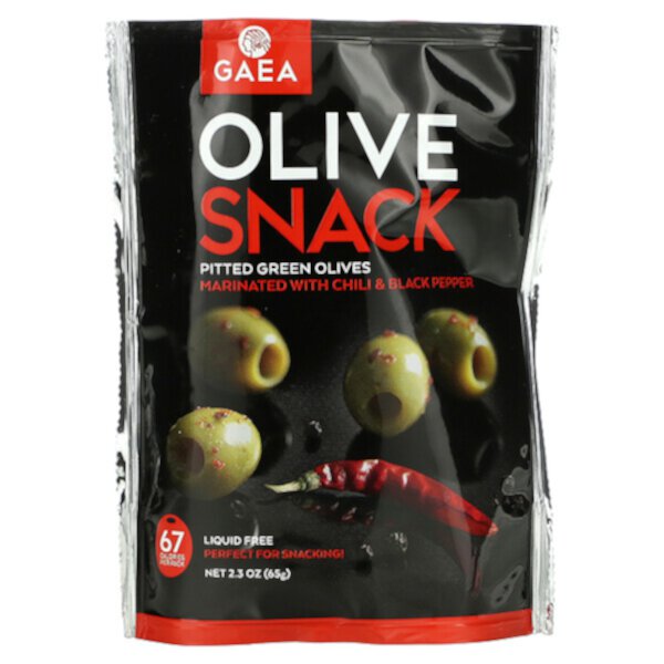 Olive Snack, Зеленые оливки без косточек, маринованные с чили и черным перцем, 2,3 унции (65 г) Gaea