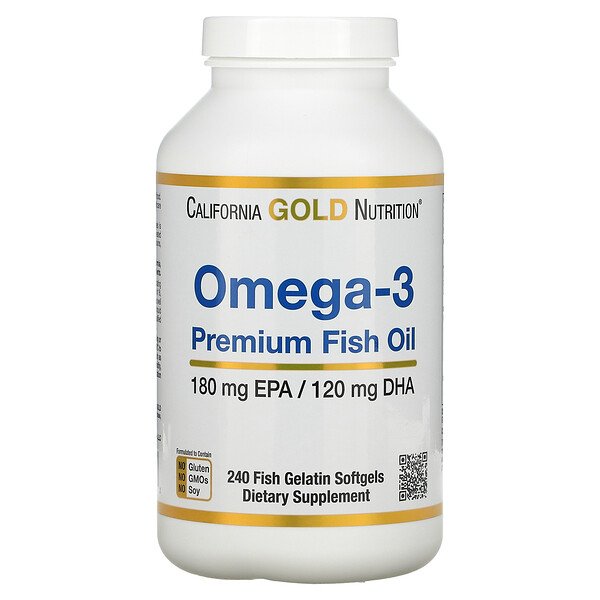 Омега-3 рыбий жир премиум-класса, 180 ЭПК/120 ДГК, 240 мягких желатиновых капсул из рыбьего желатина California Gold Nutrition