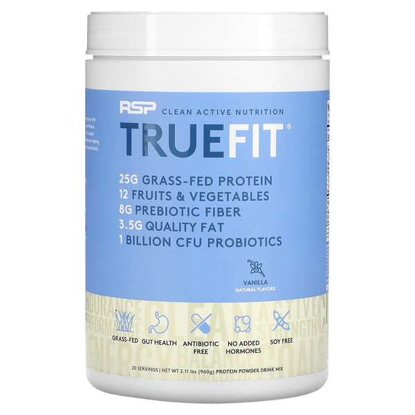 TrueFit, Сывороточный протеиновый коктейль из травяного откорма с фруктами и овощами, ваниль, 2 фунта (940 г) RSP Nutrition