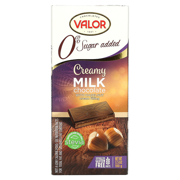 0% добавления сахара, Сливочный молочный шоколад с кремовой начинкой из лесного ореха, 3,5 унции (100 г) Valor