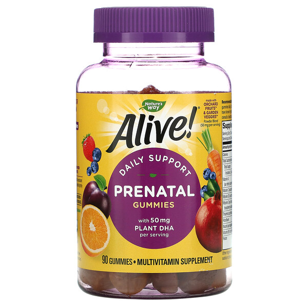Alive! Преднатальные витамины с растительным DHA, вкус апельсин и малиновый лимонад - 90 жевательных конфет - Nature's Way Nature's Way