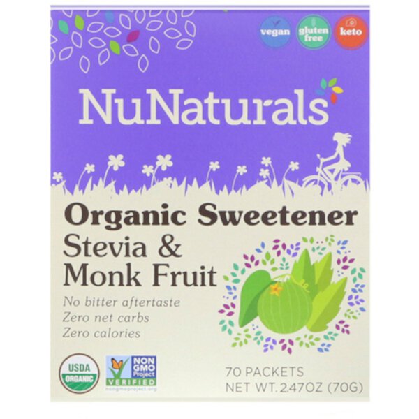 Органический подсластитель, стевия и фрукты монаха, 70 пакетиков, 2,47 унции (70 г) NuNaturals