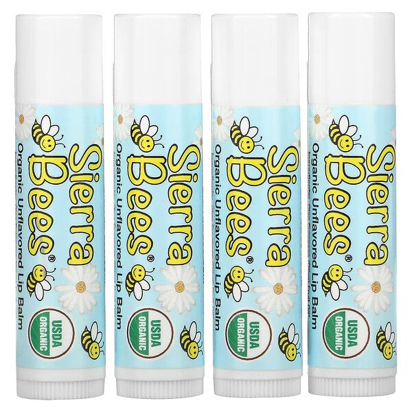 Органические бальзамы для губ, без вкуса, 4 упаковки по 0,15 унции (4,25 г) каждая Sierra Bees