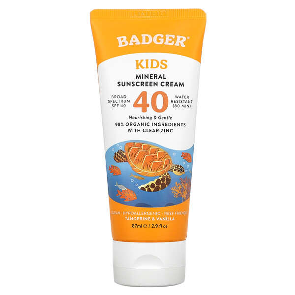Kids, Минеральный солнцезащитный крем, SPF 40, мандарин и ваниль, 2,9 ж. унц. (87 мл) Badger Company