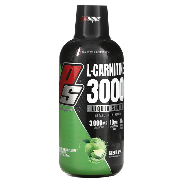 L-Carnitine 3000 Liquid Shots, зеленое яблоко, 16 жидких унций (473 мл) ProSupps