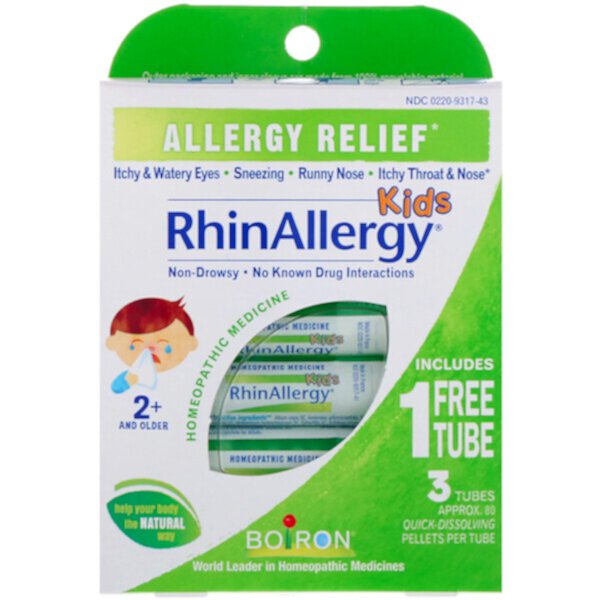 Kids, RhinAllergy, средство от аллергии, 3 тюбика, по 80 быстрорастворимых гранул в каждой Boiron
