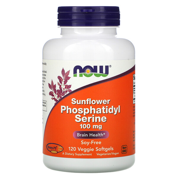 Фосфатидилсерин подсолнечника, 100 мг, 120 растительных мягких желатиновых капсул NOW Foods