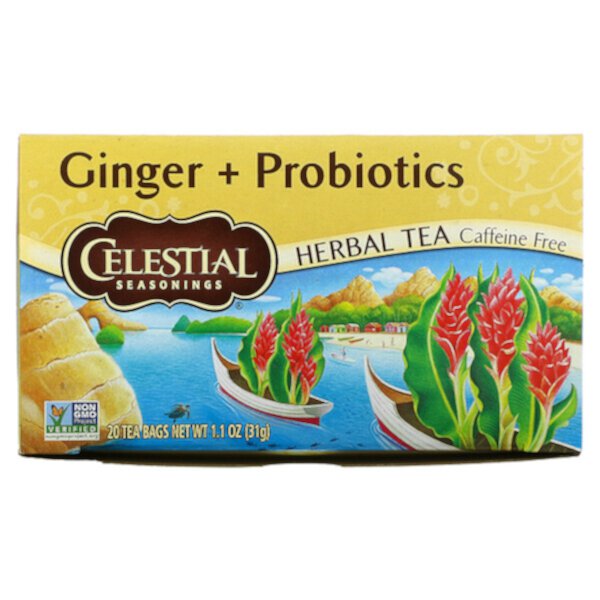 Herbal Tea, Имбирь + пробиотики, без кофеина, 20 чайных пакетиков, 1,1 унции (31 г) Celestial Seasonings