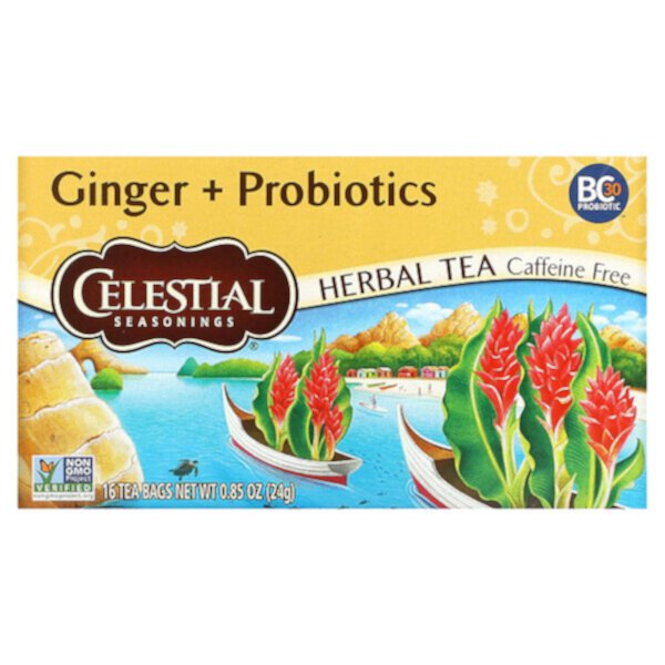 Herbal Tea, Имбирь + пробиотики, без кофеина, 20 чайных пакетиков, 1,1 унции (31 г) Celestial Seasonings