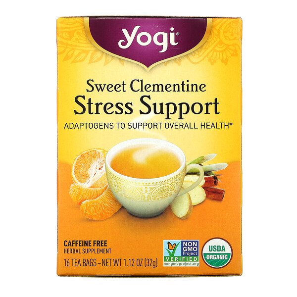 Stress Support, Сладкий клементин, без кофеина, 16 чайных пакетиков, 1,12 унции (32 г) Yogi Tea