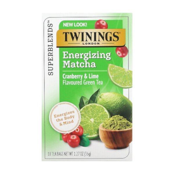 Energize Green Tea, маття, клюква и лайм, 18 чайных пакетиков, 1,27 унции (36 г) Twinings